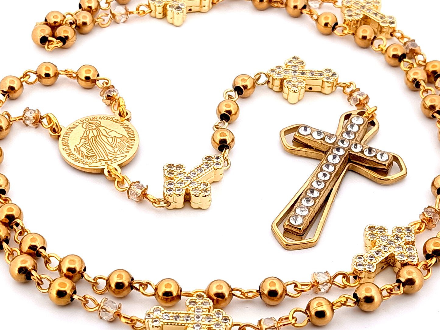 Miraculous Medal unique rosary beads gold plated stainless steel and 18K cubic zirconia cross rosary with gold plated crystal cross.