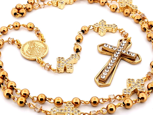 Miraculous Medal unique rosary beads gold plated stainless steel and 18K cubic zirconia cross rosary with gold plated crystal cross.