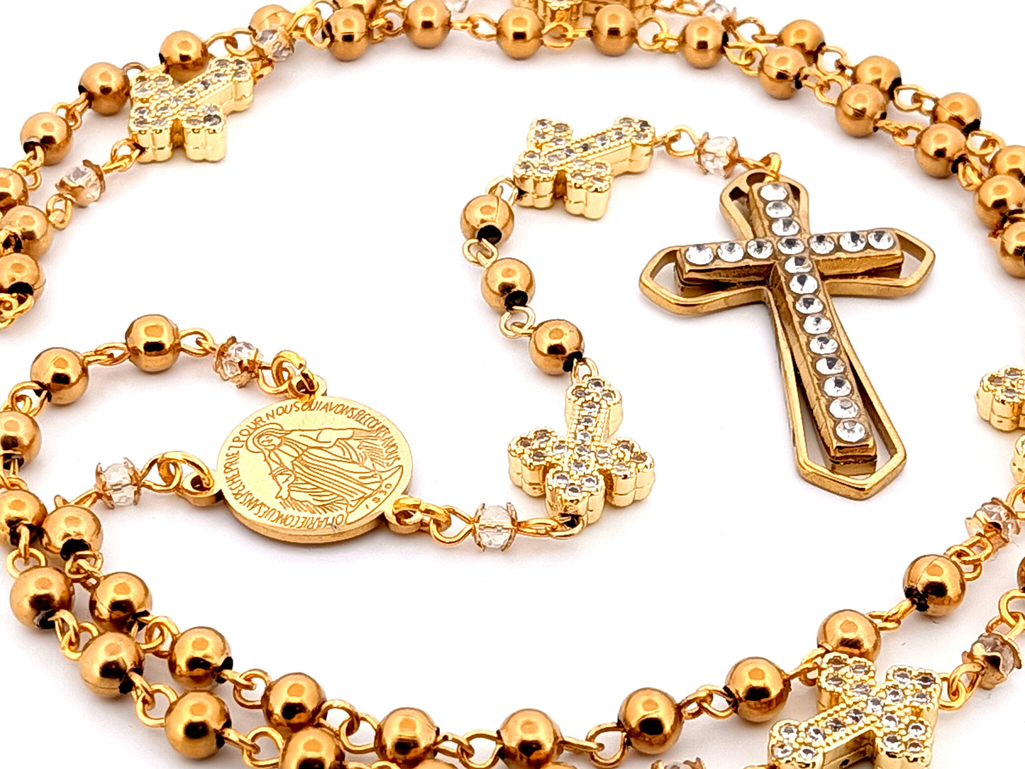 Miraculous Medal unique rosary beads gold plated stainless steel and 18K cubic zirconia cross rosary with gold plated crystal cross.