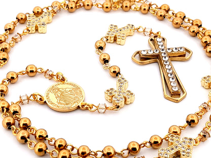 Miraculous Medal unique rosary beads gold plated stainless steel and 18K cubic zirconia cross rosary with gold plated crystal cross.