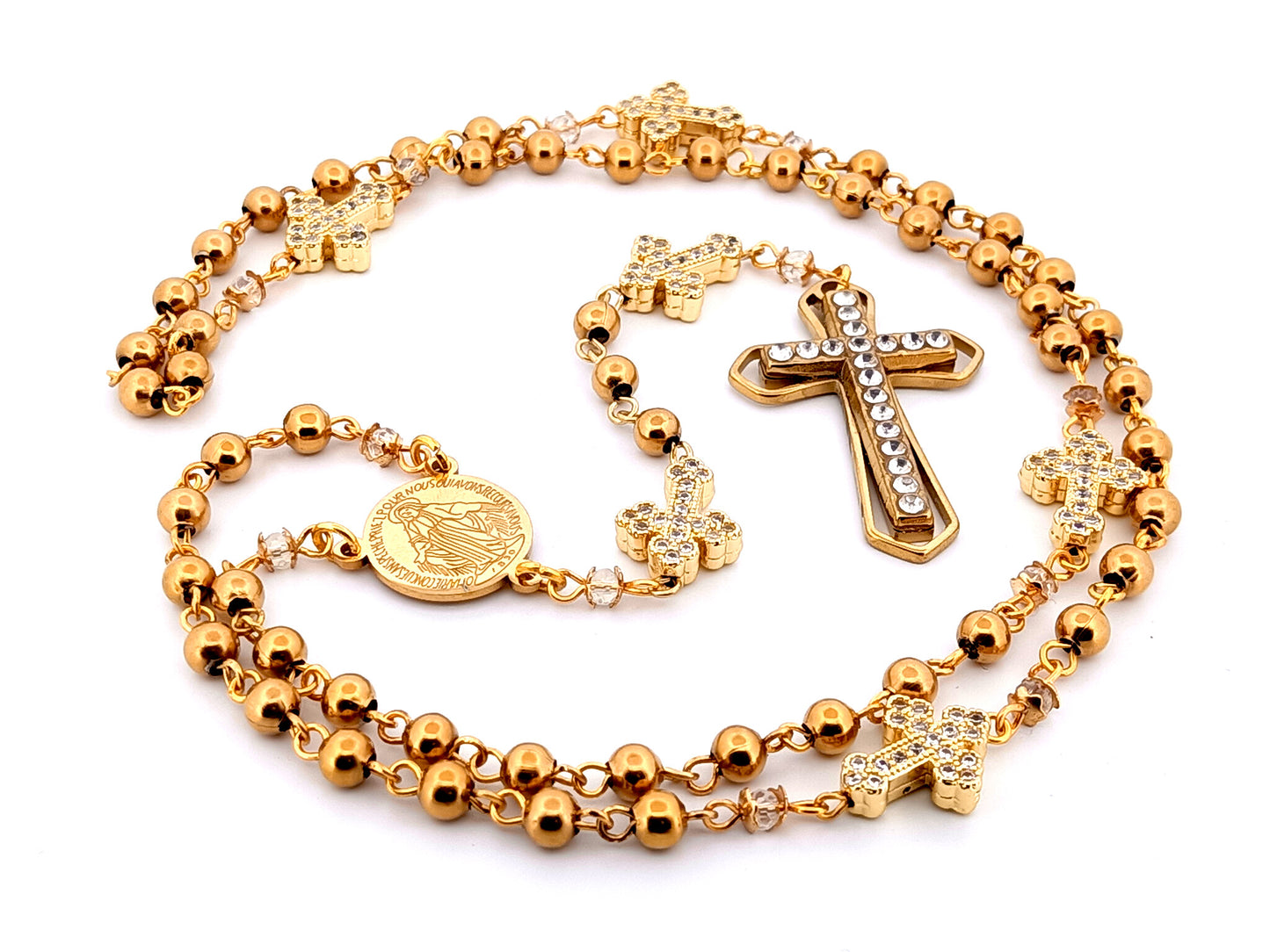 Miraculous Medal unique rosary beads gold plated stainless steel and 18K cubic zirconia cross rosary with gold plated crystal cross.