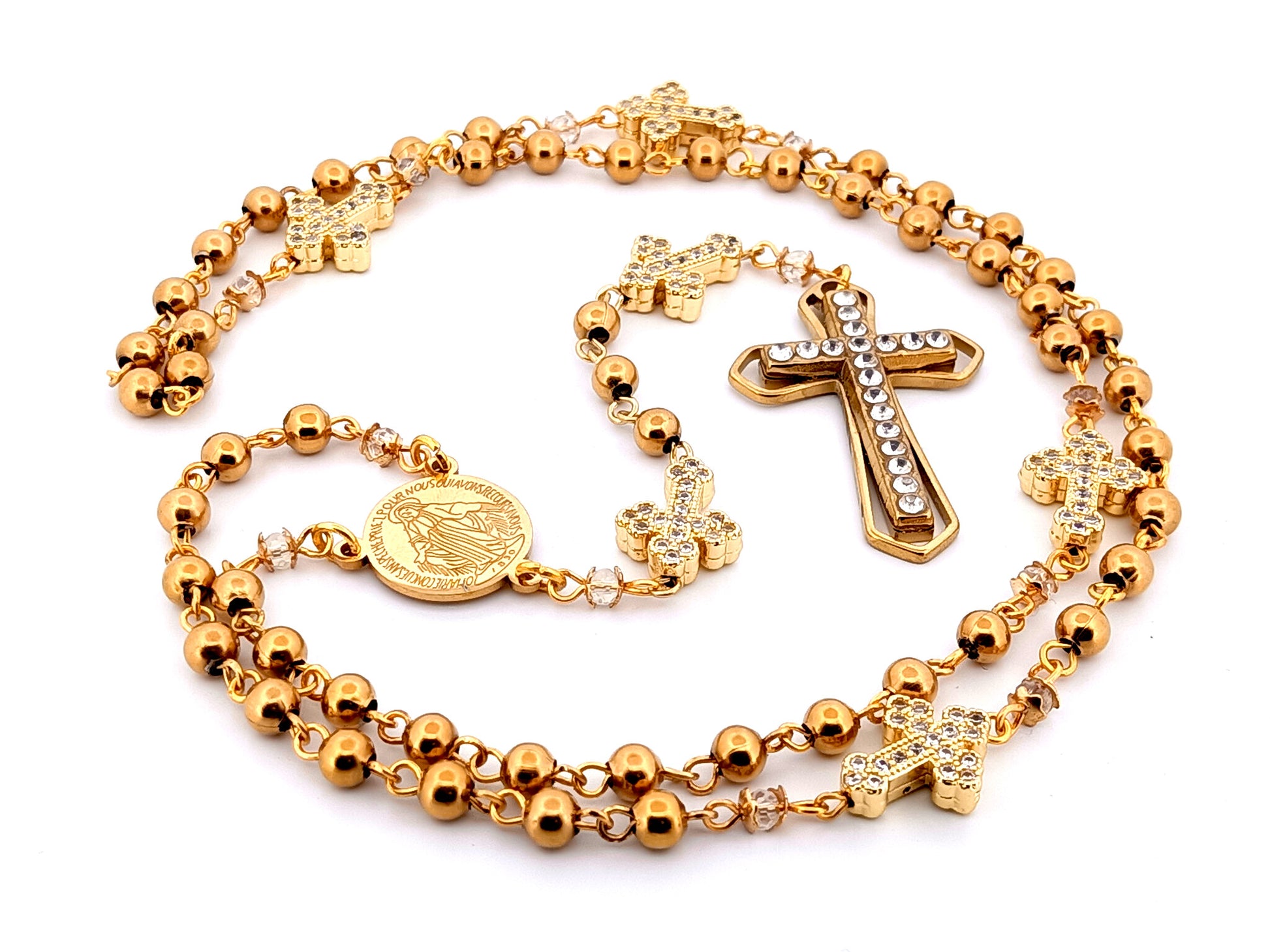 Miraculous Medal unique rosary beads gold plated stainless steel and 18K cubic zirconia cross rosary with gold plated crystal cross.