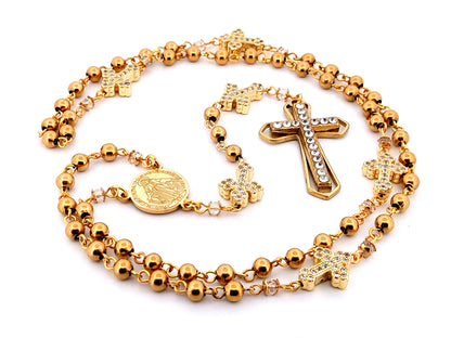 Miraculous Medal unique rosary beads gold plated stainless steel and 18K cubic zirconia cross rosary with gold plated crystal cross.