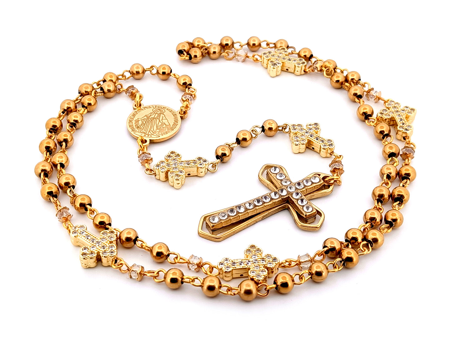 Miraculous Medal unique rosary beads gold plated stainless steel and 18K cubic zirconia cross rosary with gold plated crystal cross.