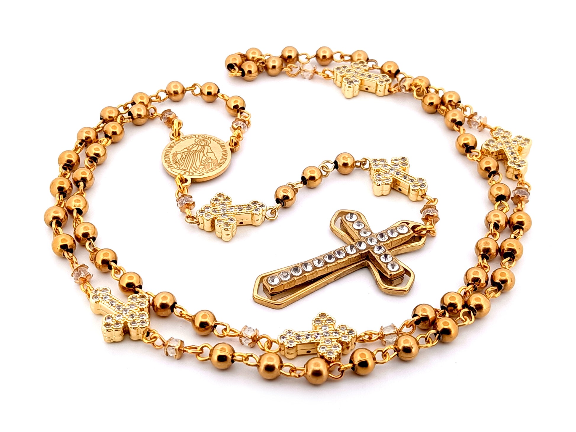 Miraculous Medal unique rosary beads gold plated stainless steel and 18K cubic zirconia cross rosary with gold plated crystal cross.