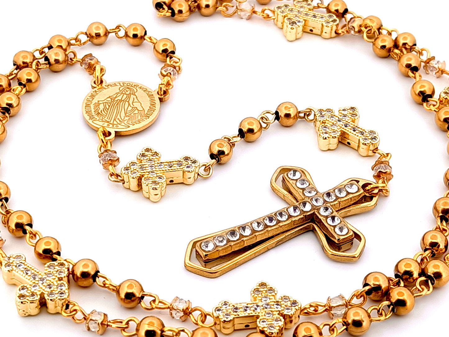 Miraculous Medal unique rosary beads gold plated stainless steel and 18K cubic zirconia cross rosary with gold plated crystal cross.