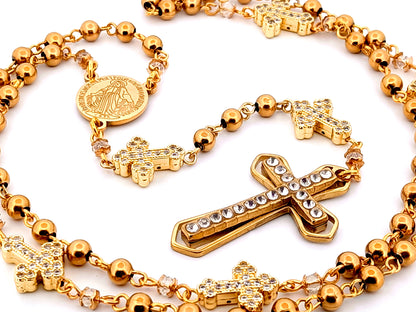 Miraculous Medal unique rosary beads gold plated stainless steel and 18K cubic zirconia cross rosary with gold plated crystal cross.