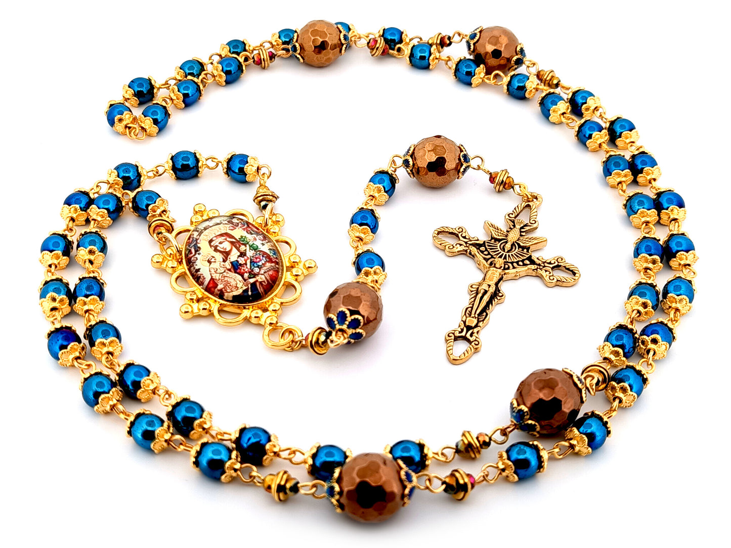 Our Lady of Perpetual Help unique rosary beads  blue and copper hematite gemstone rosary with gold plated Trinity crucifix.