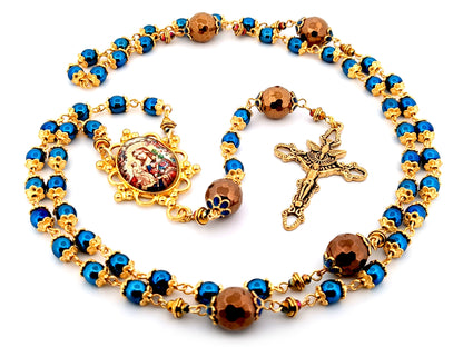 Our Lady of Perpetual Help unique rosary beads  blue and copper hematite gemstone rosary with gold plated Trinity crucifix.
