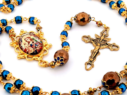 Our Lady of Perpetual Help unique rosary beads  blue and copper hematite gemstone rosary with gold plated Trinity crucifix.