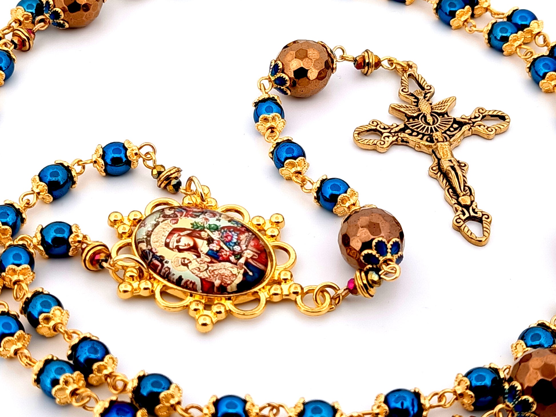 Our Lady of Perpetual Help unique rosary beads  blue and copper hematite gemstone rosary with gold plated Trinity crucifix.