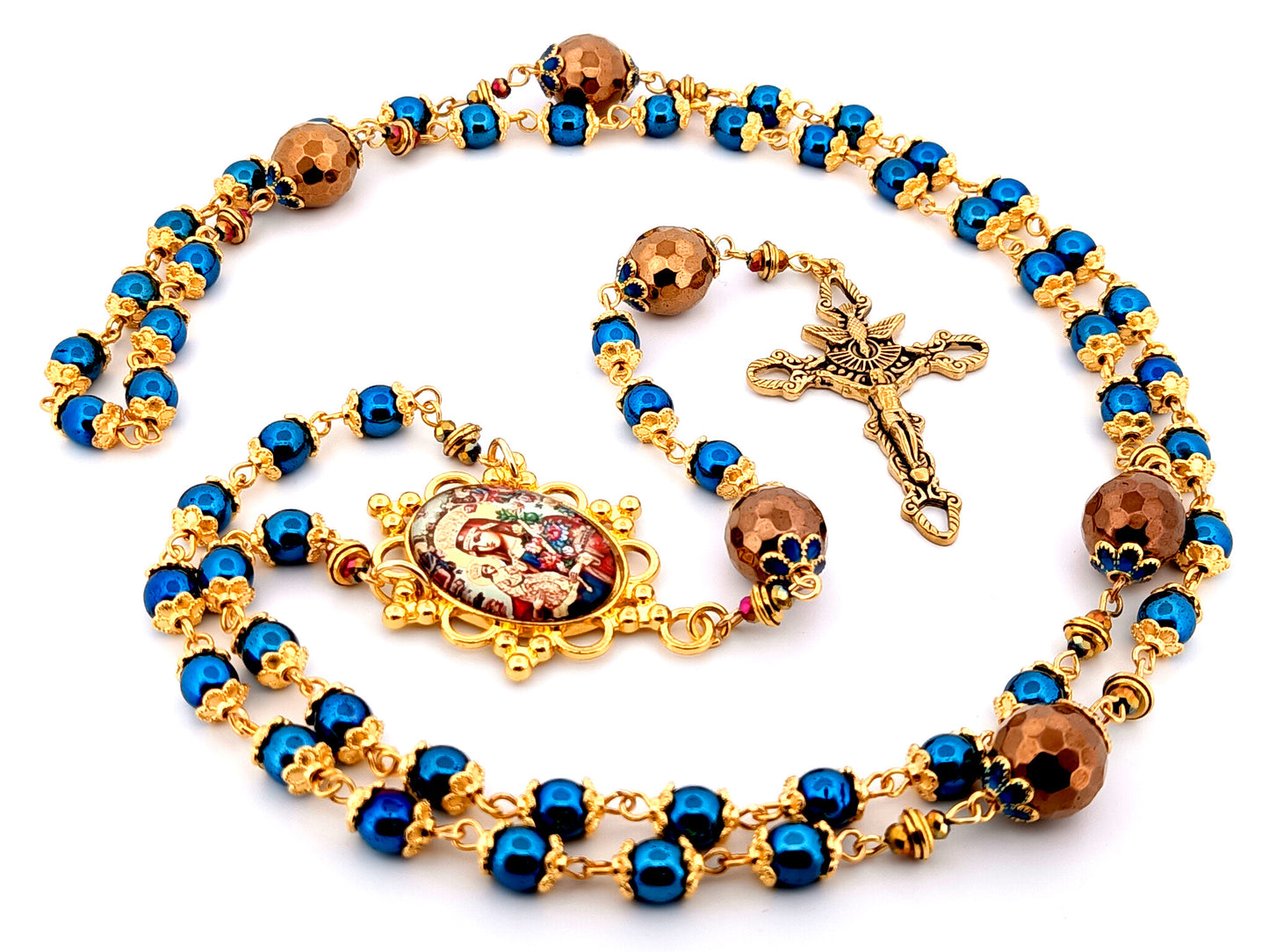 Our Lady of Perpetual Help unique rosary beads  blue and copper hematite gemstone rosary with gold plated Trinity crucifix.