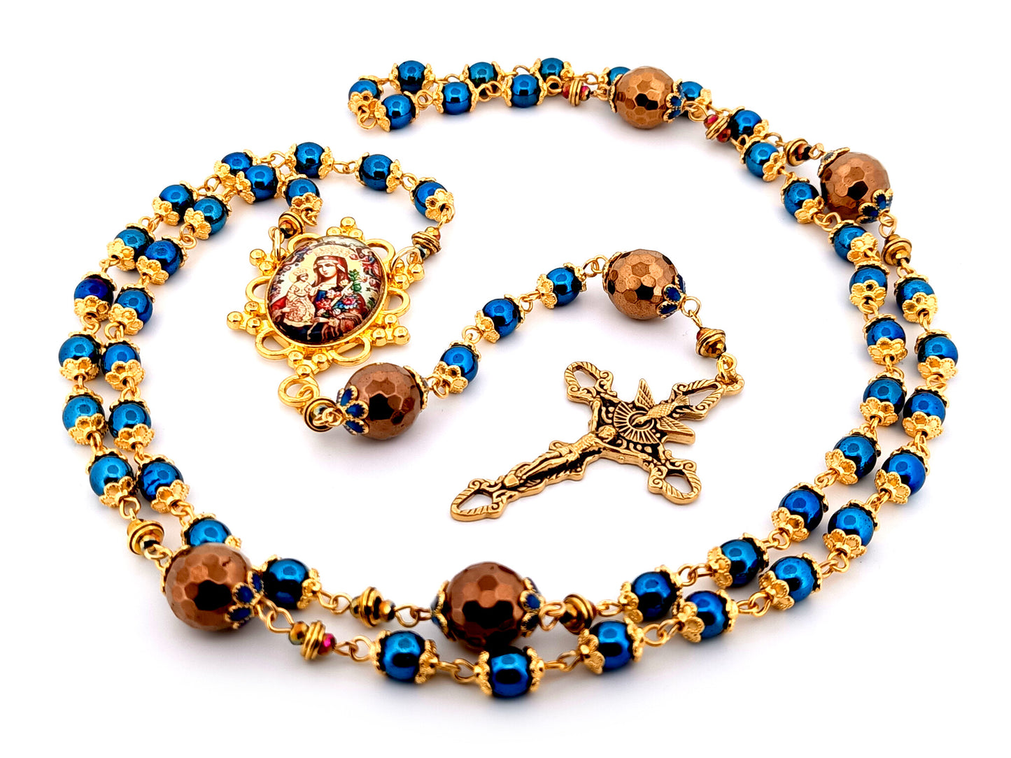 Our Lady of Perpetual Help unique rosary beads  blue and copper hematite gemstone rosary with gold plated Trinity crucifix.