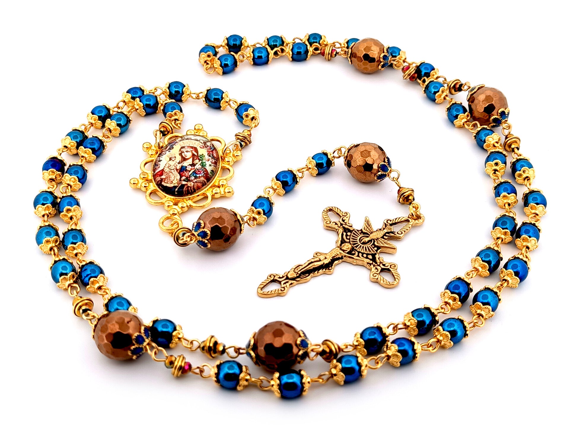 Our Lady of Perpetual Help unique rosary beads  blue and copper hematite gemstone rosary with gold plated Trinity crucifix.