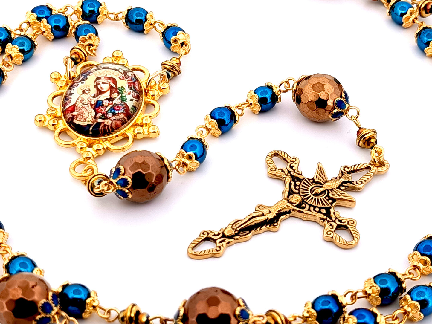 Our Lady of Perpetual Help unique rosary beads  blue and copper hematite gemstone rosary with gold plated Trinity crucifix.