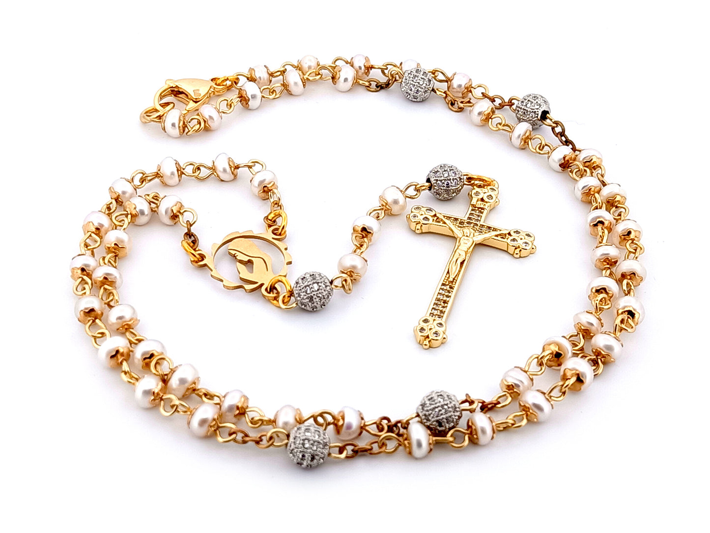 Virgin Mary unique rosary beads freshwater pearl and silver cubic zirconia rosary with gold plated crystal crucifix.