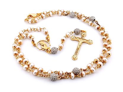 Virgin Mary unique rosary beads freshwater pearl and silver cubic zirconia rosary with gold plated crystal crucifix.
