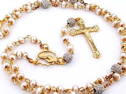 Virgin Mary unique rosary beads freshwater pearl and silver cubic zirconia rosary with gold plated crystal crucifix.
