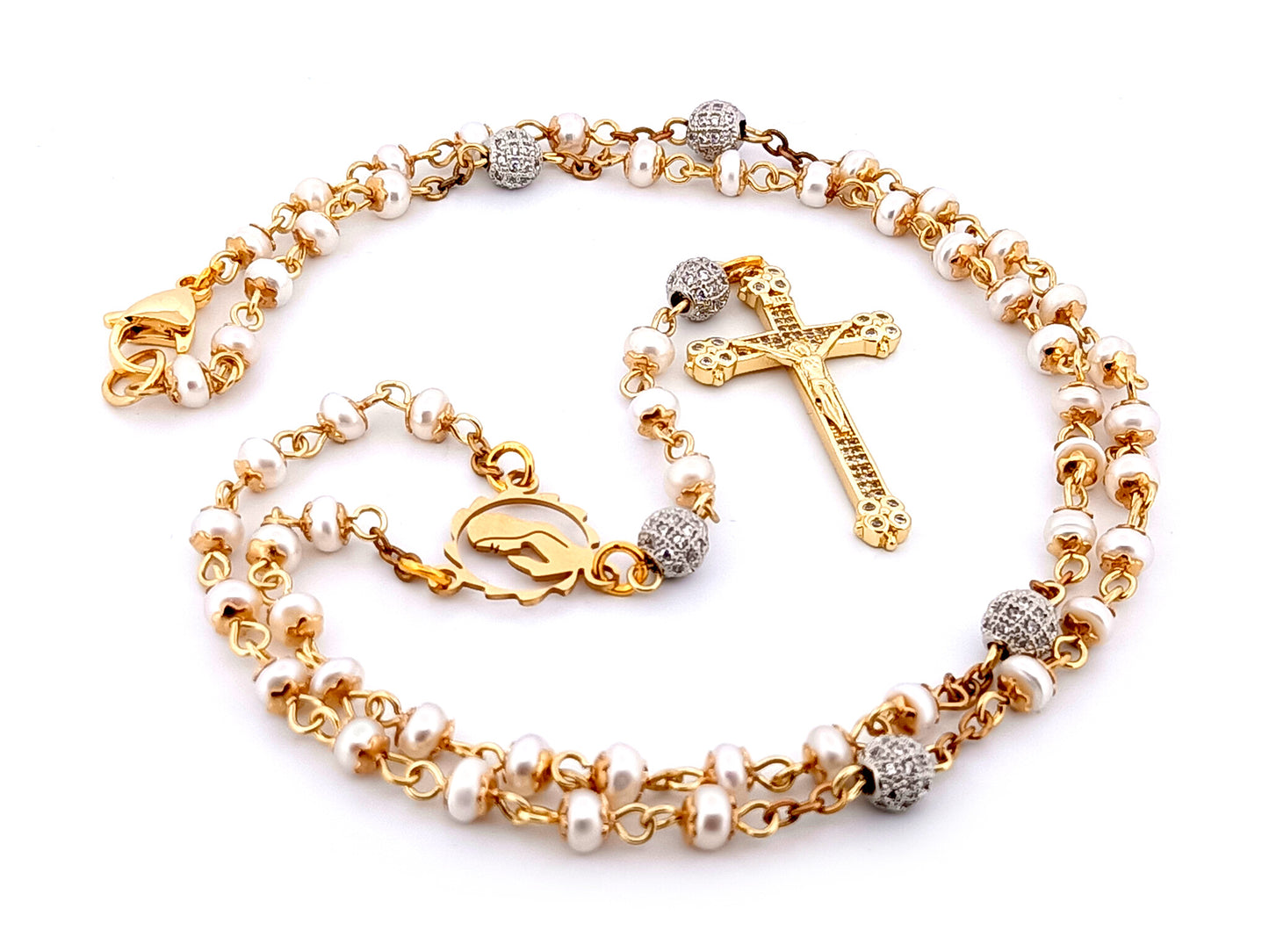 Virgin Mary unique rosary beads freshwater pearl and silver cubic zirconia rosary with gold plated crystal crucifix.
