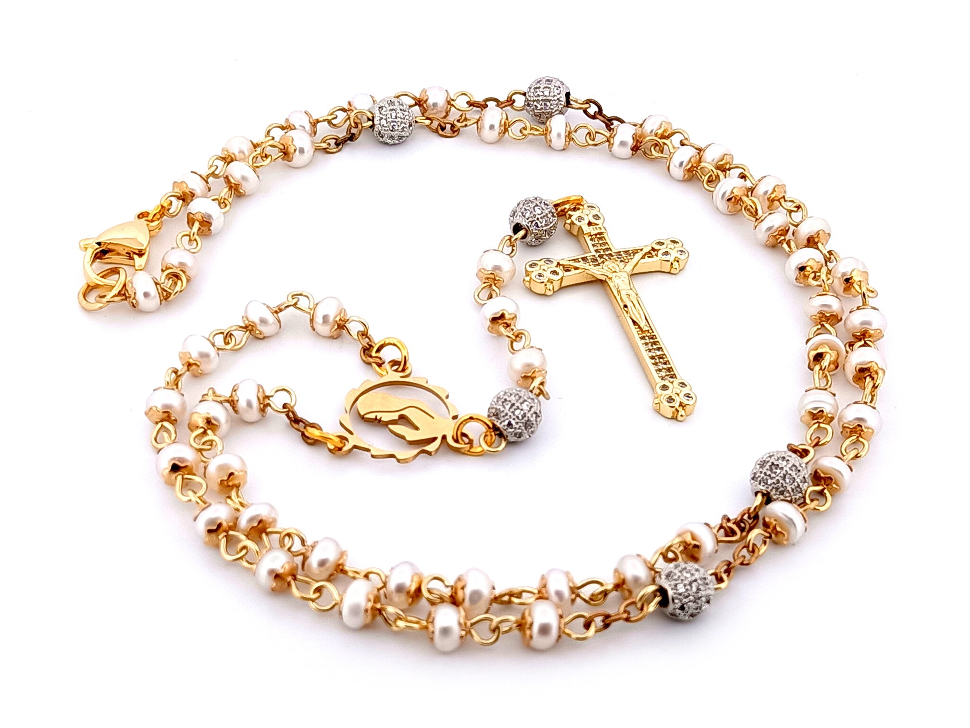 Virgin Mary unique rosary beads freshwater pearl and silver cubic zirconia rosary with gold plated crystal crucifix.