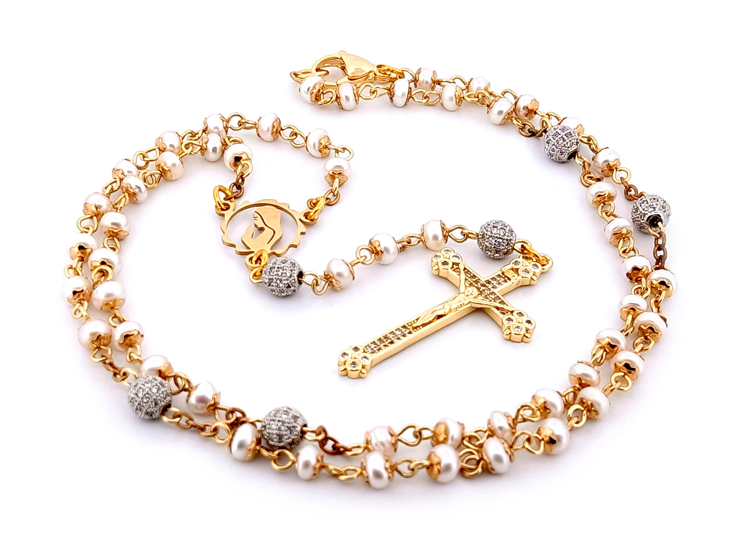 Virgin Mary unique rosary beads freshwater pearl and silver cubic zirconia rosary with gold plated crystal crucifix.