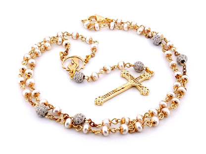 Virgin Mary unique rosary beads freshwater pearl and silver cubic zirconia rosary with gold plated crystal crucifix.
