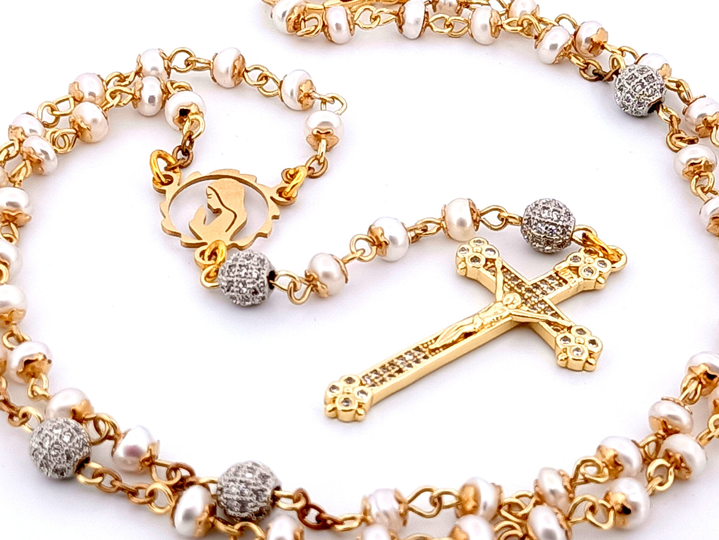 Virgin Mary unique rosary beads freshwater pearl and silver cubic zirconia rosary with gold plated crystal crucifix.