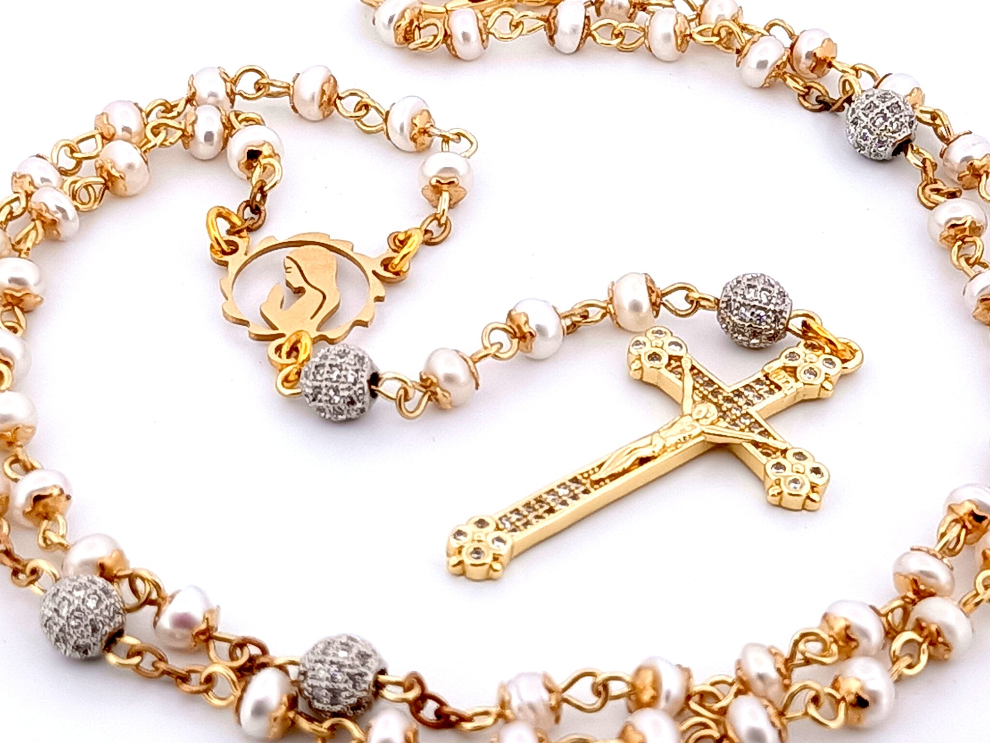Virgin Mary unique rosary beads freshwater pearl and silver cubic zirconia rosary with gold plated crystal crucifix.