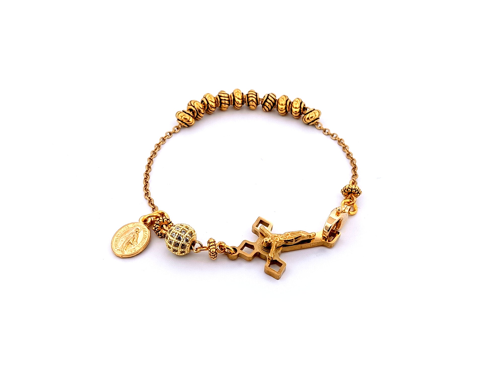 Miraculous Medal unique rosary beads  18K gold plated cubic zirconia single decade rosary bracelet with gold plated Saint Benedict crucifix.