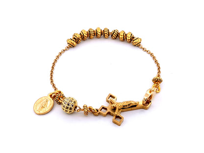 Miraculous Medal unique rosary beads  18K gold plated cubic zirconia single decade rosary bracelet with gold plated Saint Benedict crucifix.