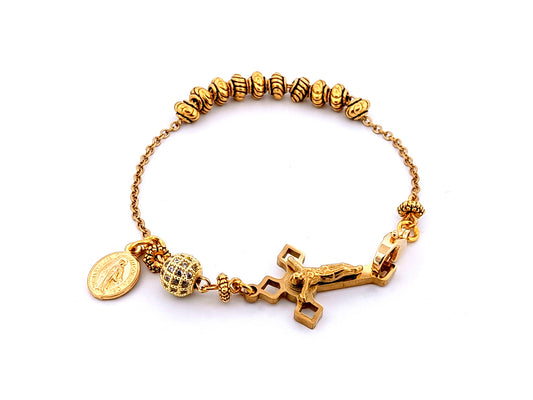 Miraculous Medal unique rosary beads  18K gold plated cubic zirconia single decade rosary bracelet with gold plated Saint Benedict crucifix.