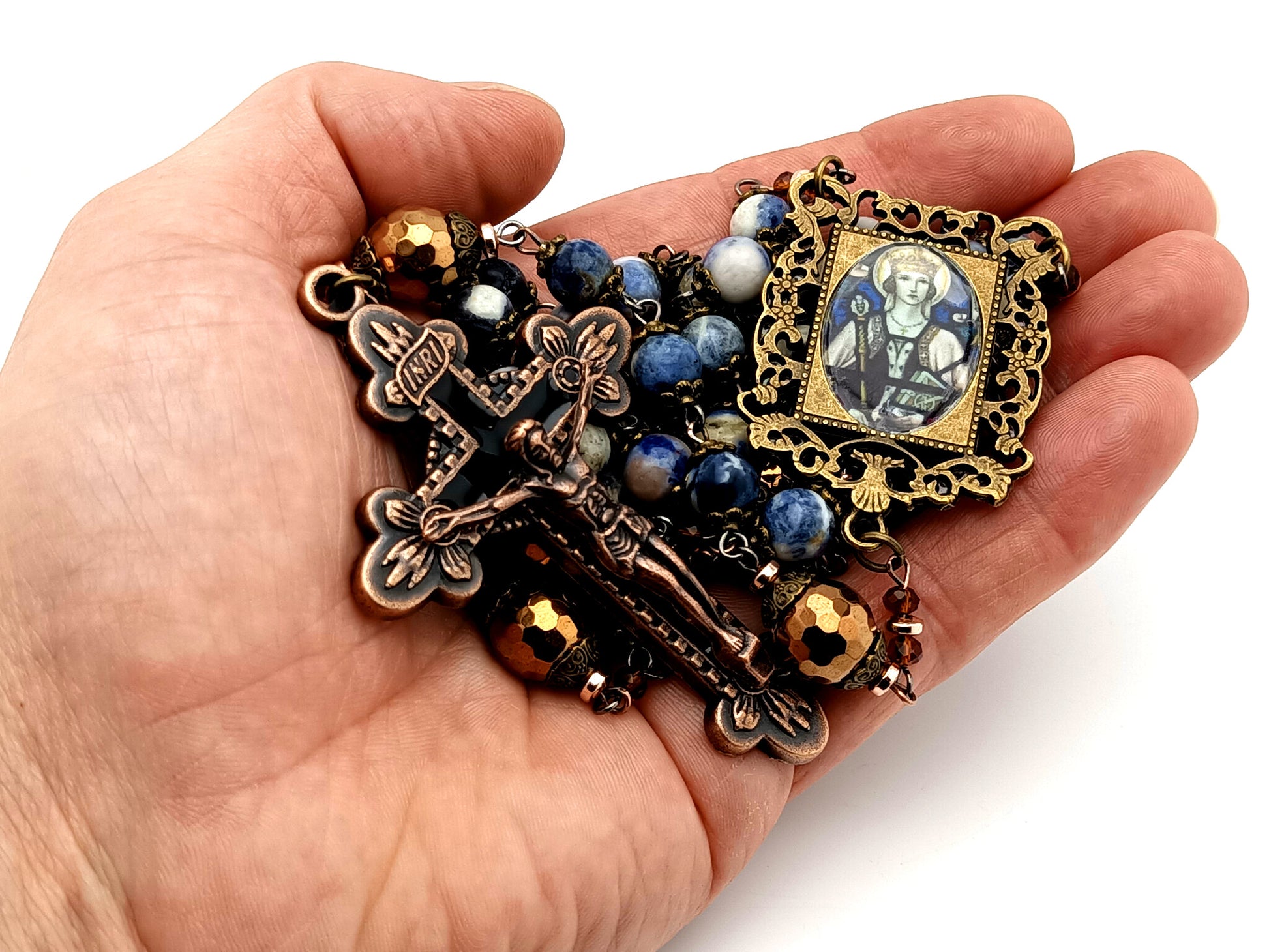 Saint Margaret of Scotland unique rosary beads sodalite and copper hematite gemstone rosary with copper crucifix.