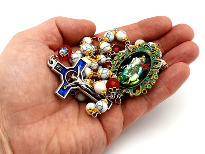 Saint George unique rosary beads howlite and ruby gemstone rosary with Holy Spirit blue and red enamel crucifix.