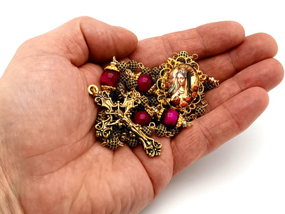 Queen of Heaven 18K gold plated cubic zirconia and pink tigers eye gemstone rosary beads with gold plated filigree crucifix.