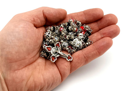 Saint Gabriele Possenti unique rosary beads multicoloured faceted glass and silver lattice rosary with red enamel crucifix.