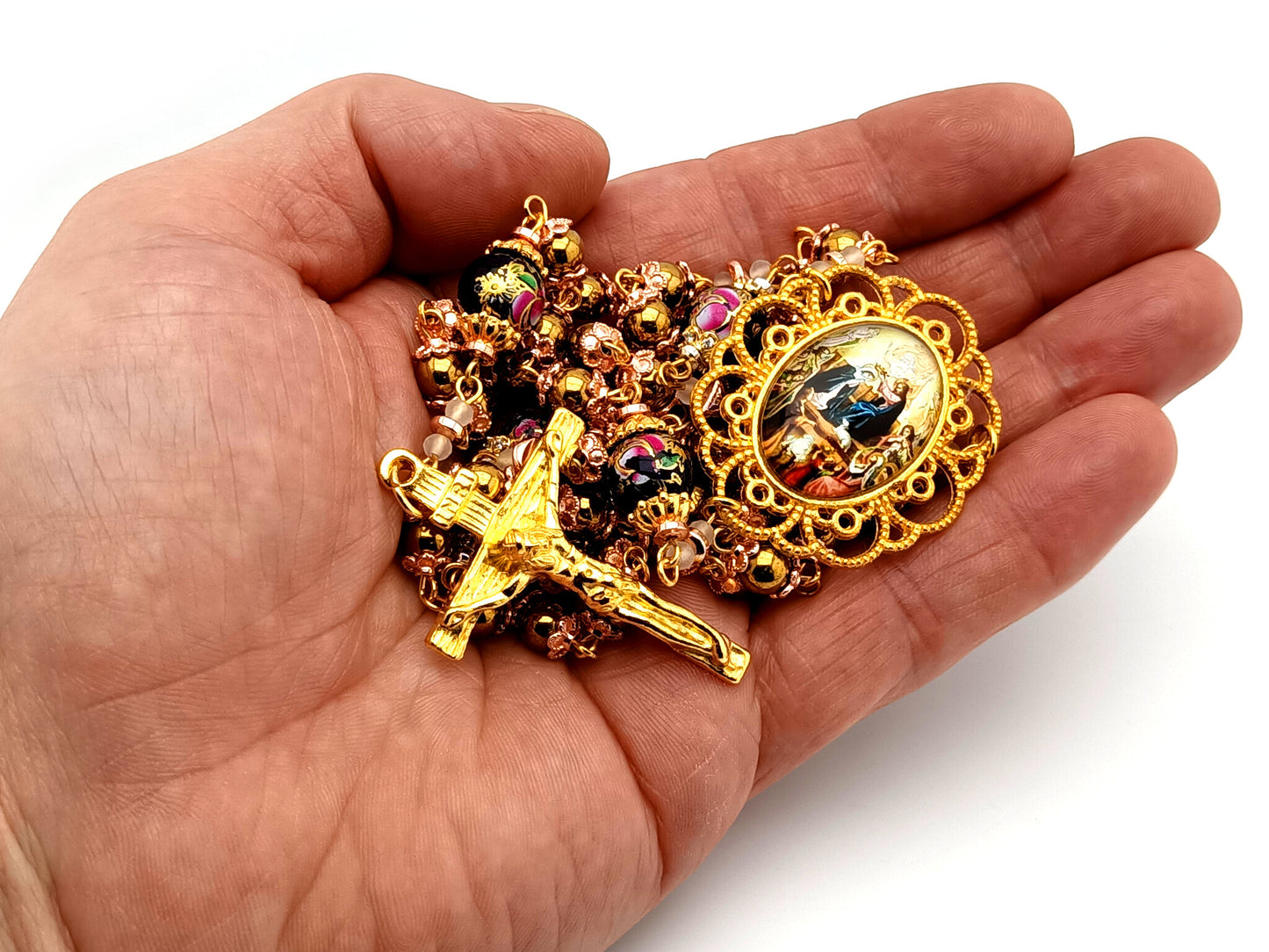 Coronation of Our Lady unique rosary beads gold plated hematite gemstone rosary with gold plated crucifix.