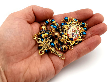 Our Lady of Perpetual Help unique rosary beads  blue and copper hematite gemstone rosary with gold plated Trinity crucifix.