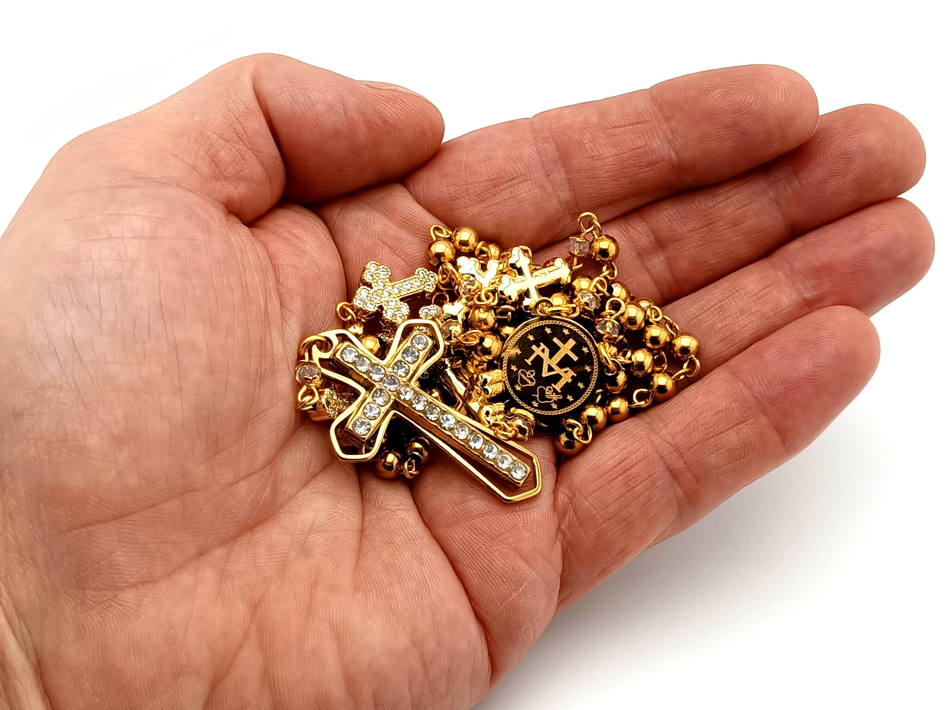 Miraculous Medal unique rosary beads gold plated stainless steel and 18K cubic zirconia cross rosary with gold plated crystal cross.