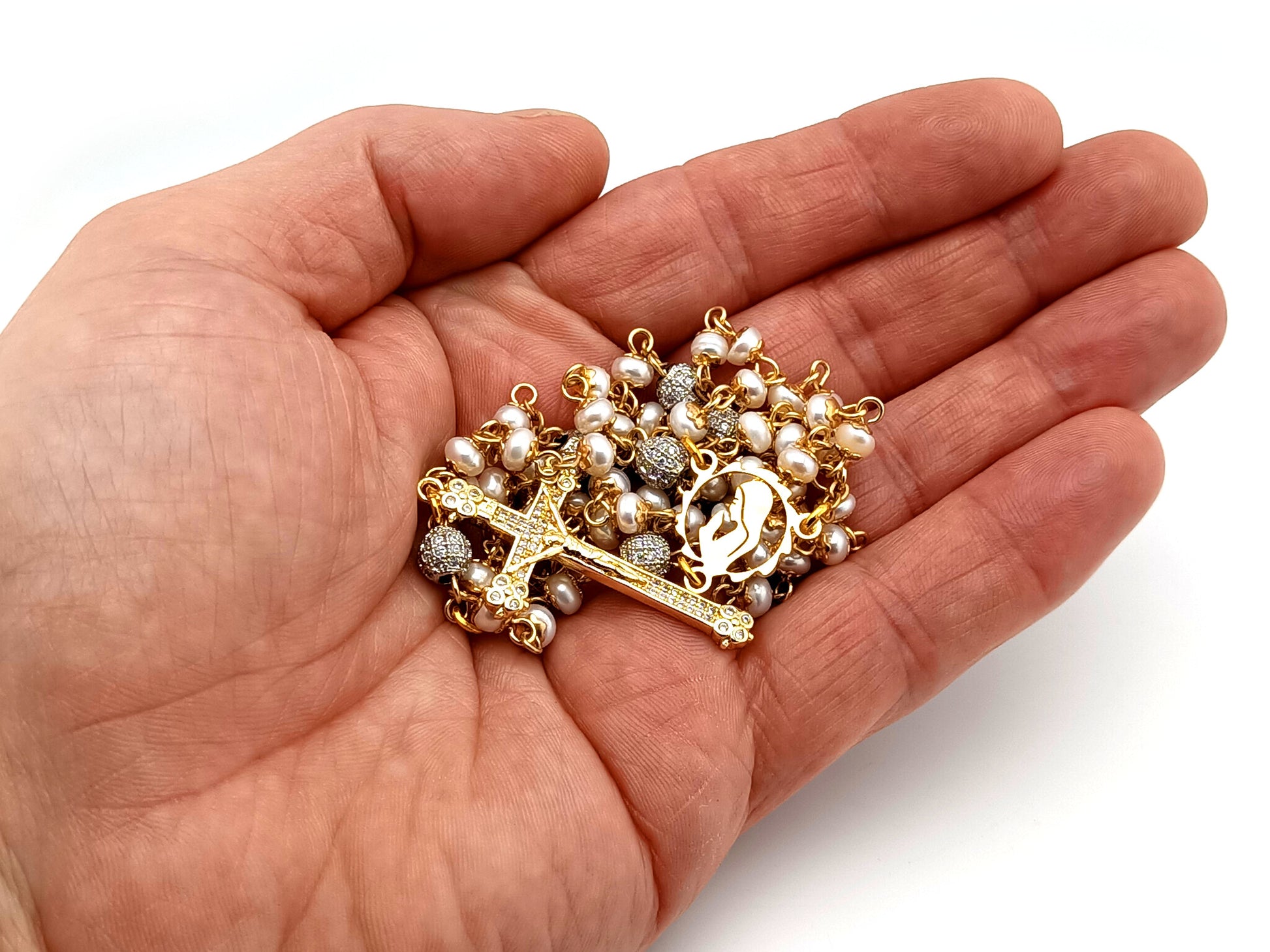 Virgin Mary unique rosary beads freshwater pearl and silver cubic zirconia rosary with gold plated crystal crucifix.