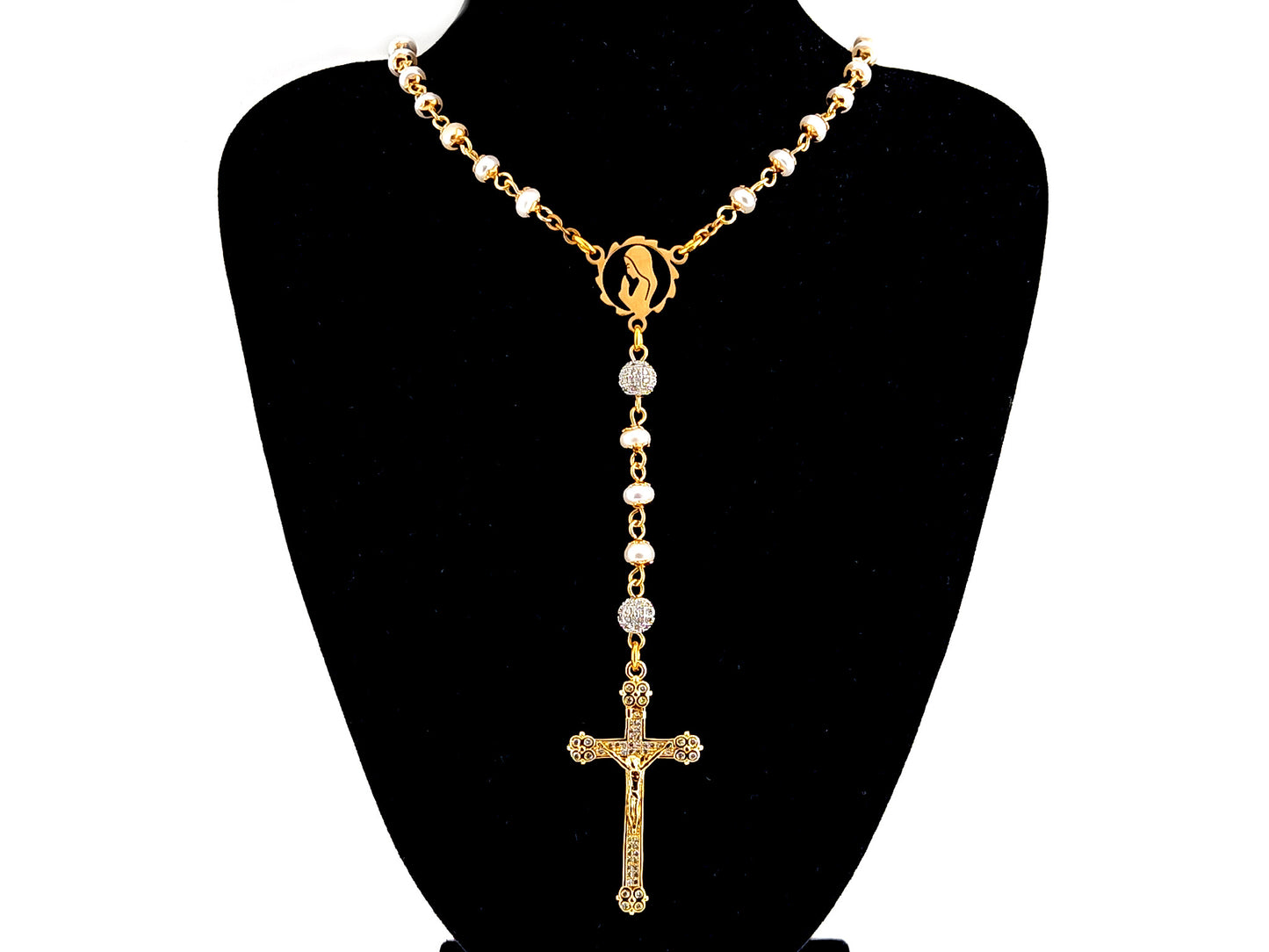 Virgin Mary unique rosary beads freshwater pearl and silver cubic zirconia rosary with gold plated crystal crucifix.