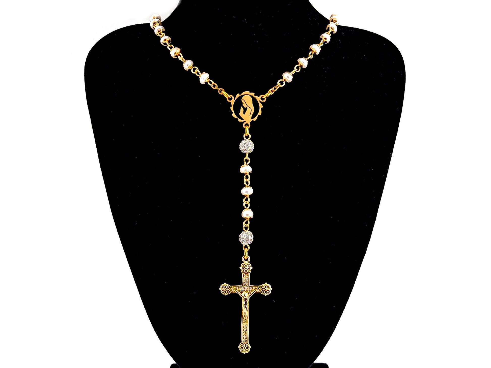 Virgin Mary unique rosary beads freshwater pearl and silver cubic zirconia rosary with gold plated crystal crucifix.