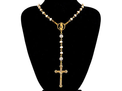Virgin Mary unique rosary beads freshwater pearl and silver cubic zirconia rosary with gold plated crystal crucifix.