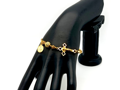 Miraculous Medal unique rosary beads  18K gold plated cubic zirconia single decade rosary bracelet with gold plated Saint Benedict crucifix.