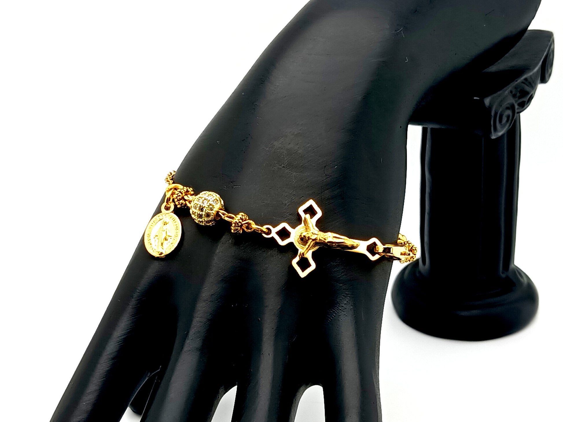 Miraculous Medal unique rosary beads  18K gold plated cubic zirconia single decade rosary bracelet with gold plated Saint Benedict crucifix.