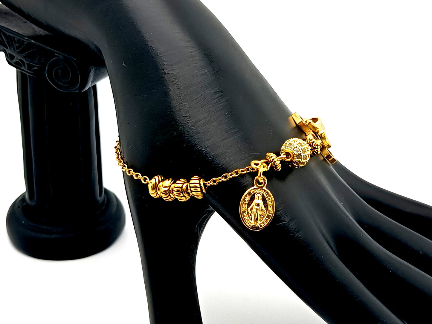 Miraculous Medal unique rosary beads  18K gold plated cubic zirconia single decade rosary bracelet with gold plated Saint Benedict crucifix.