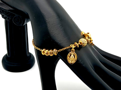 Miraculous Medal unique rosary beads  18K gold plated cubic zirconia single decade rosary bracelet with gold plated Saint Benedict crucifix.