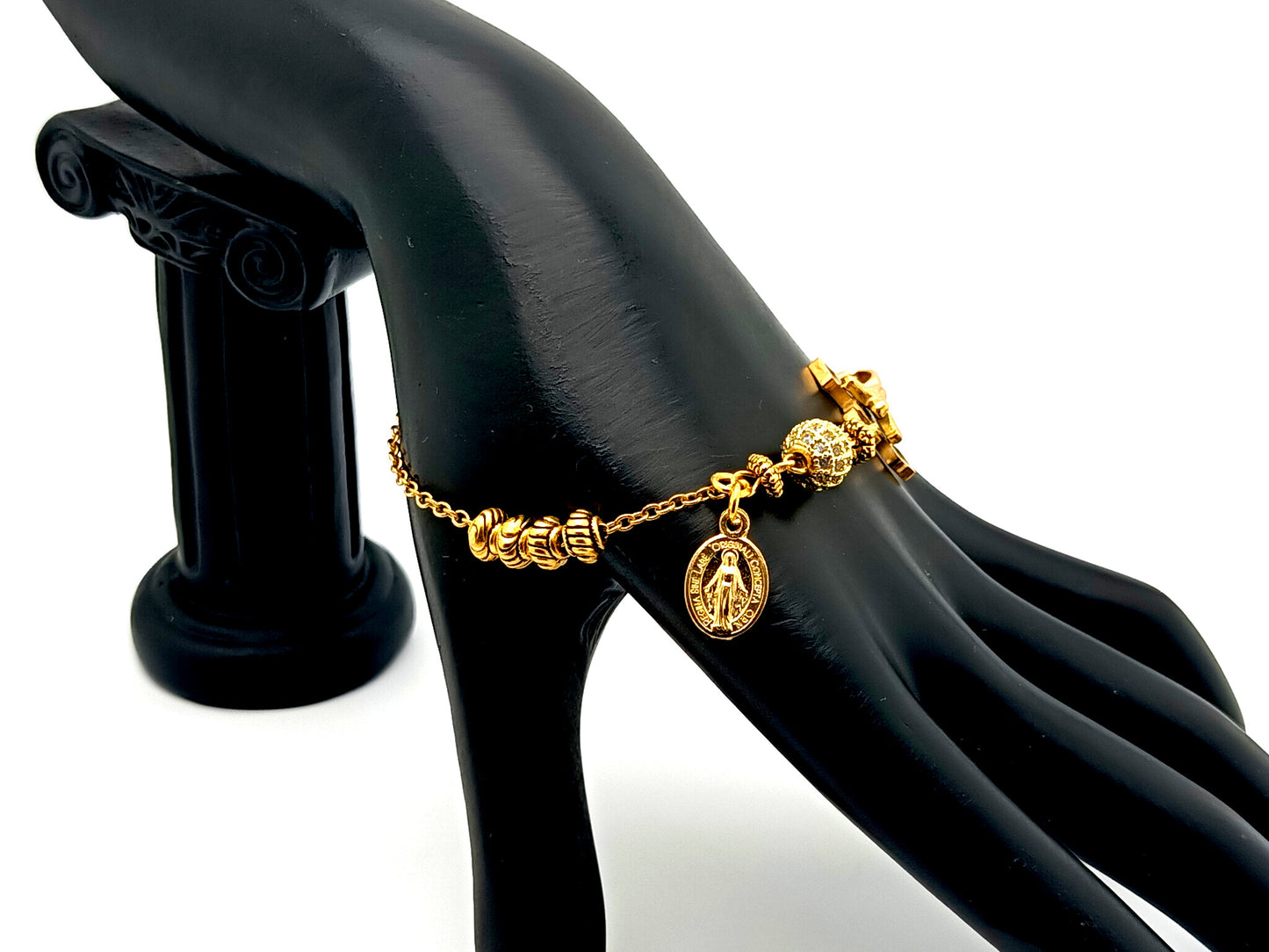 Miraculous Medal unique rosary beads  18K gold plated cubic zirconia single decade rosary bracelet with gold plated Saint Benedict crucifix.