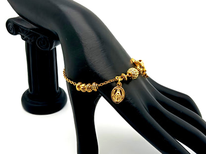 Miraculous Medal unique rosary beads  18K gold plated cubic zirconia single decade rosary bracelet with gold plated Saint Benedict crucifix.