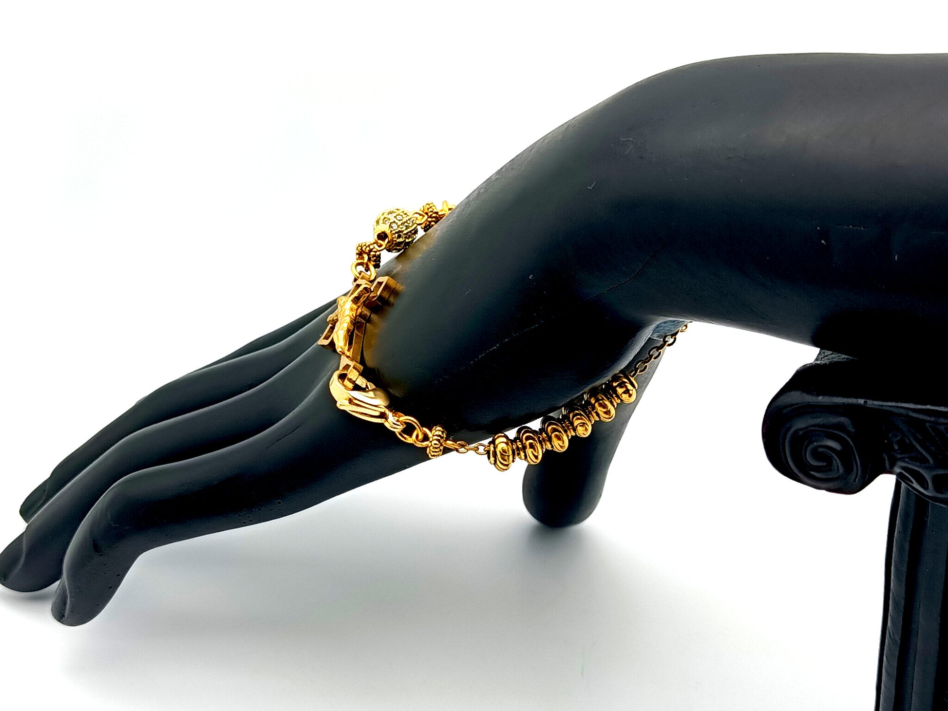 Miraculous Medal unique rosary beads  18K gold plated cubic zirconia single decade rosary bracelet with gold plated Saint Benedict crucifix.