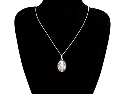 925 sterling silver Miraculous Medal unique rosary beads pendant necklace with sterling silver snake chain.